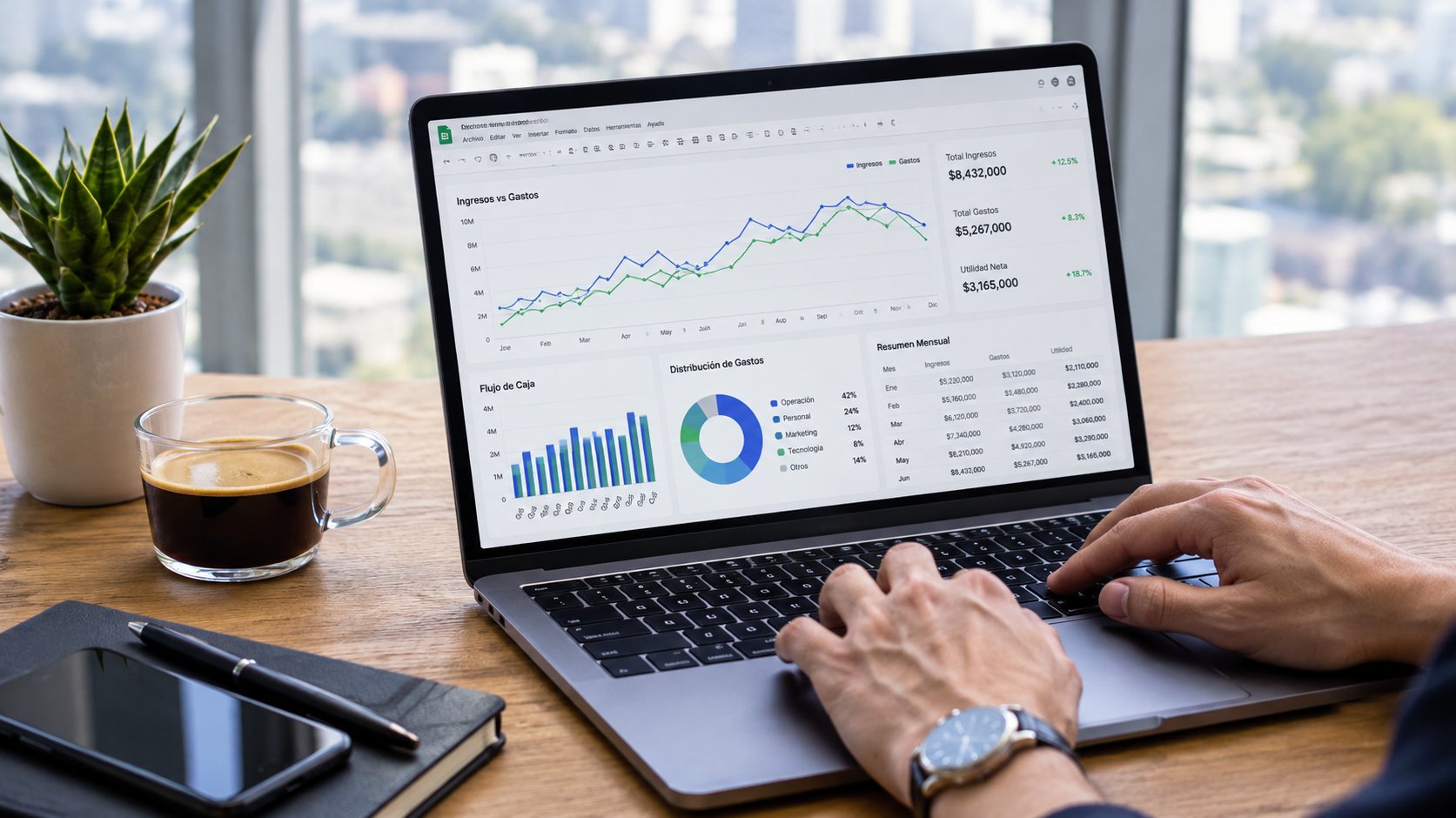 Laptop con tablero financiero de ingresos, gastos y flujo de caja